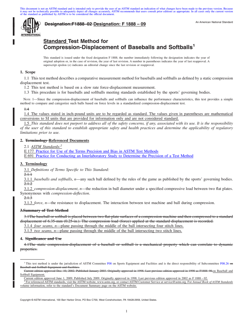 REDLINE ASTM F1888-09 - Test Method for Compression-Displacement of Baseballs and Softballs