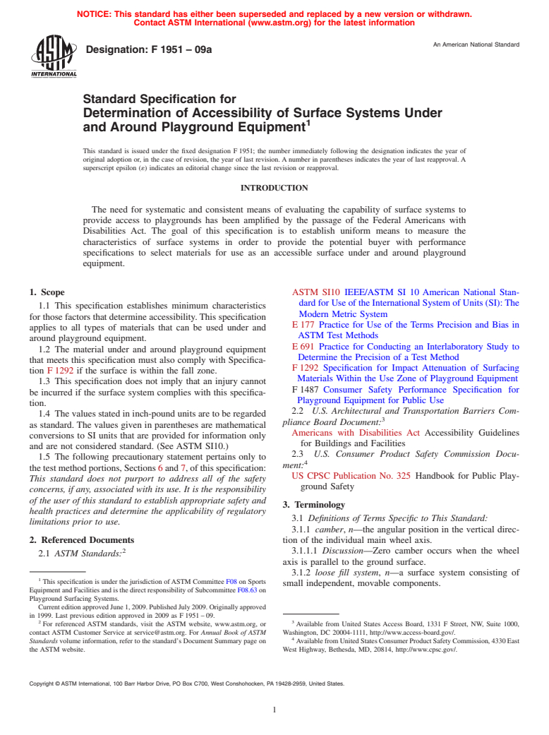 ASTM F1951-09a - Standard Specification for Determination of Accessibility of Surface Systems Under and Around Playground Equipment