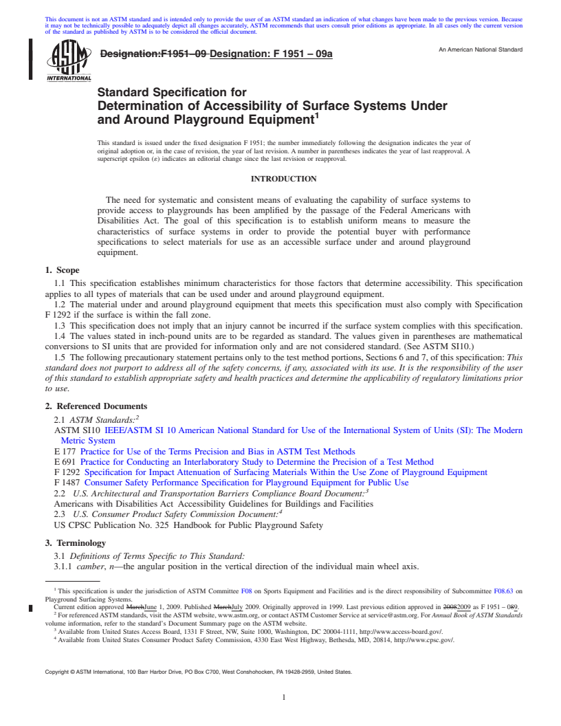 REDLINE ASTM F1951-09a - Standard Specification for Determination of Accessibility of Surface Systems Under and Around Playground Equipment