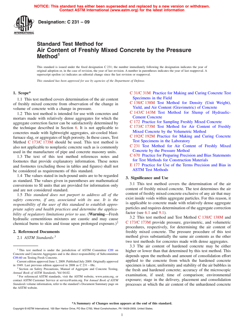 ASTM C231-09 - Standard Test Method for  Air Content of Freshly Mixed Concrete by the Pressure Method