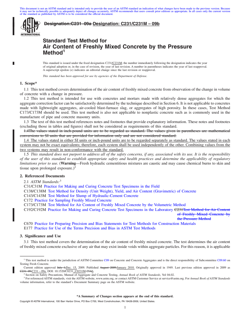 REDLINE ASTM C231-09 - Standard Test Method for  Air Content of Freshly Mixed Concrete by the Pressure Method