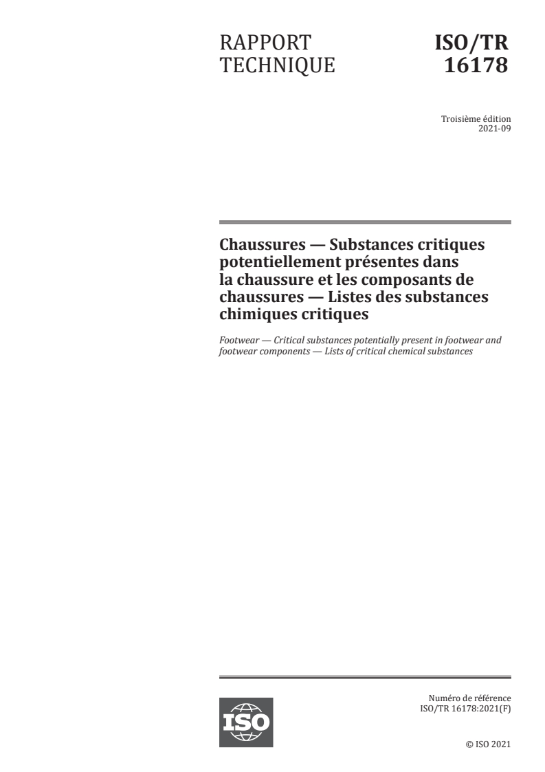 ISO/TR 16178:2021 ISO/TR 16178:2021 - Chaussures — Substances critiques potentiellement présentes dans la chaussure et les composants de chaussures — Listes des substances chimiques critiques
Released:12/17/2021
