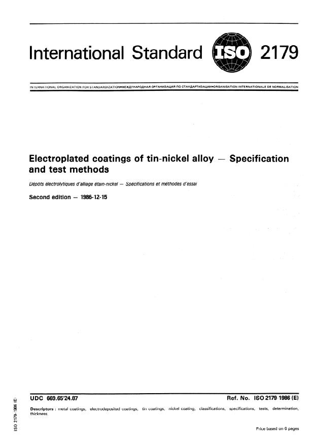 ISO 2179:1986 - Electroplated coatings of tin-nickel alloy -- Specification and test methods