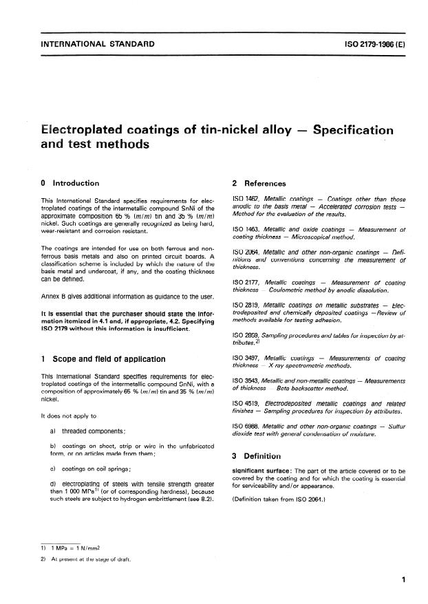ISO 2179:1986 - Electroplated coatings of tin-nickel alloy -- Specification and test methods