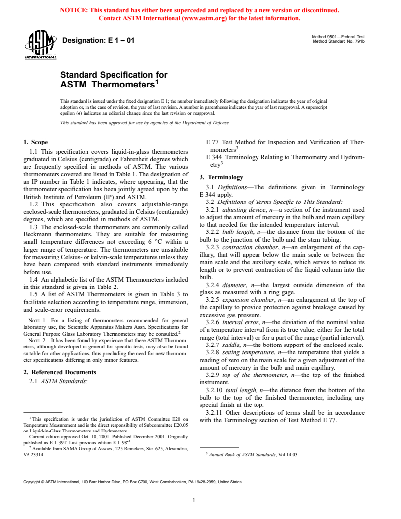 ASTM E1-01 - Standard Specification for ASTM Thermometers