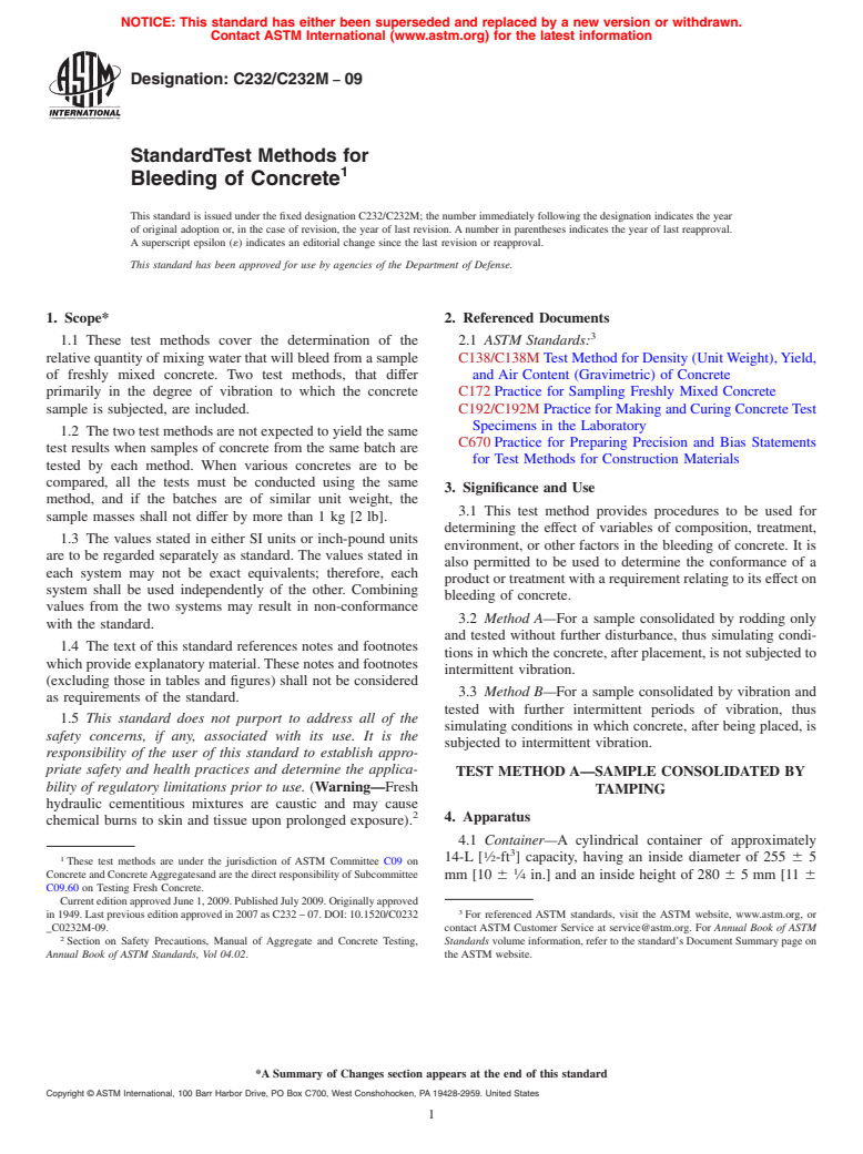 ASTM C232/C232M-09 - Standard Test Methods for Bleeding of Concrete