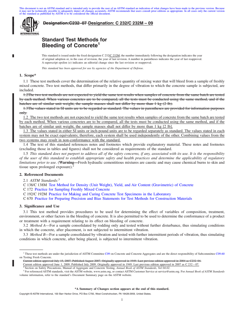 REDLINE ASTM C232/C232M-09 - Standard Test Methods for Bleeding of Concrete