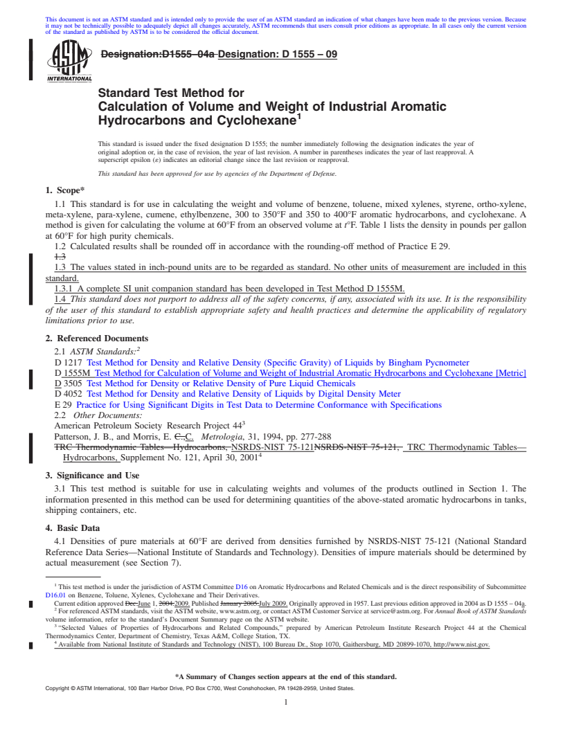 REDLINE ASTM D1555-09 - Standard Test Method for Calculation of Volume and Weight of Industrial Aromatic Hydrocarbons and Cyclohexane