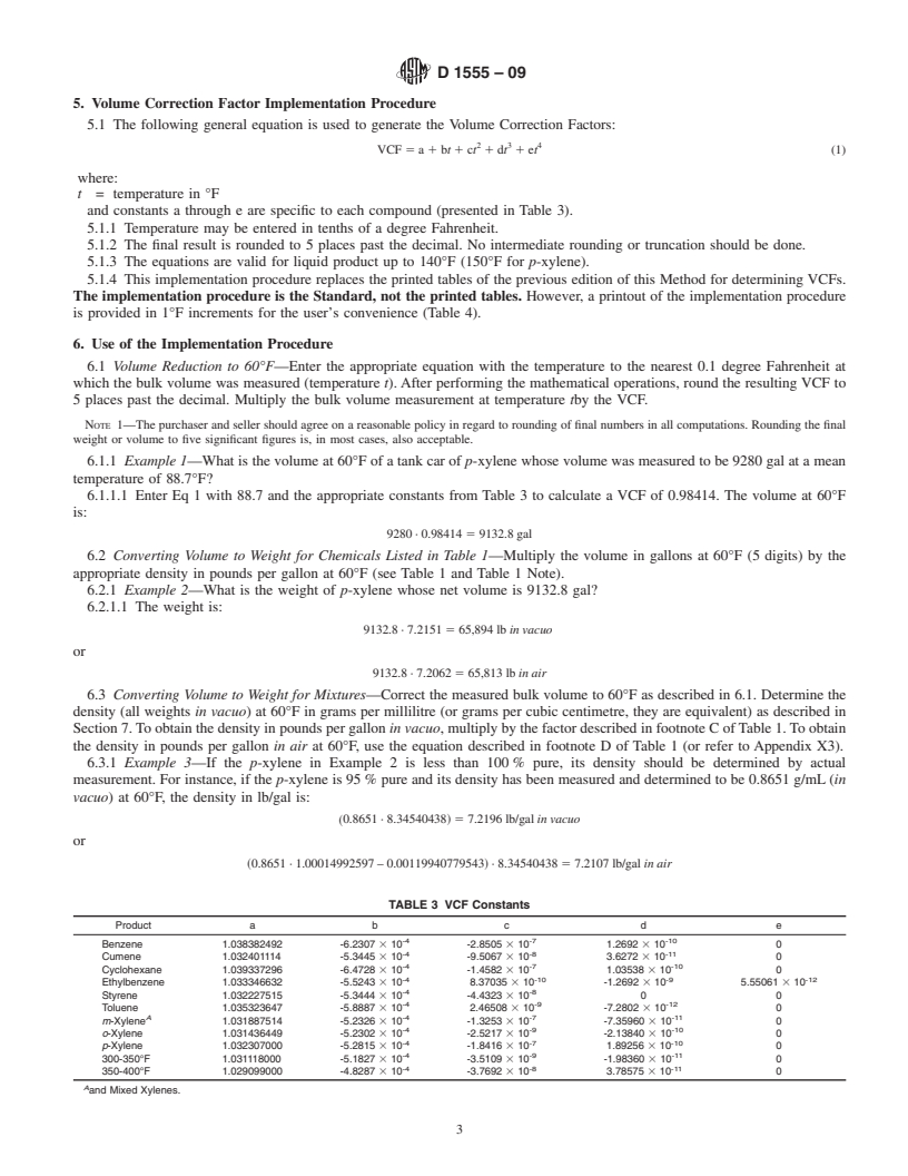 REDLINE ASTM D1555-09 - Standard Test Method for Calculation of Volume and Weight of Industrial Aromatic Hydrocarbons and Cyclohexane