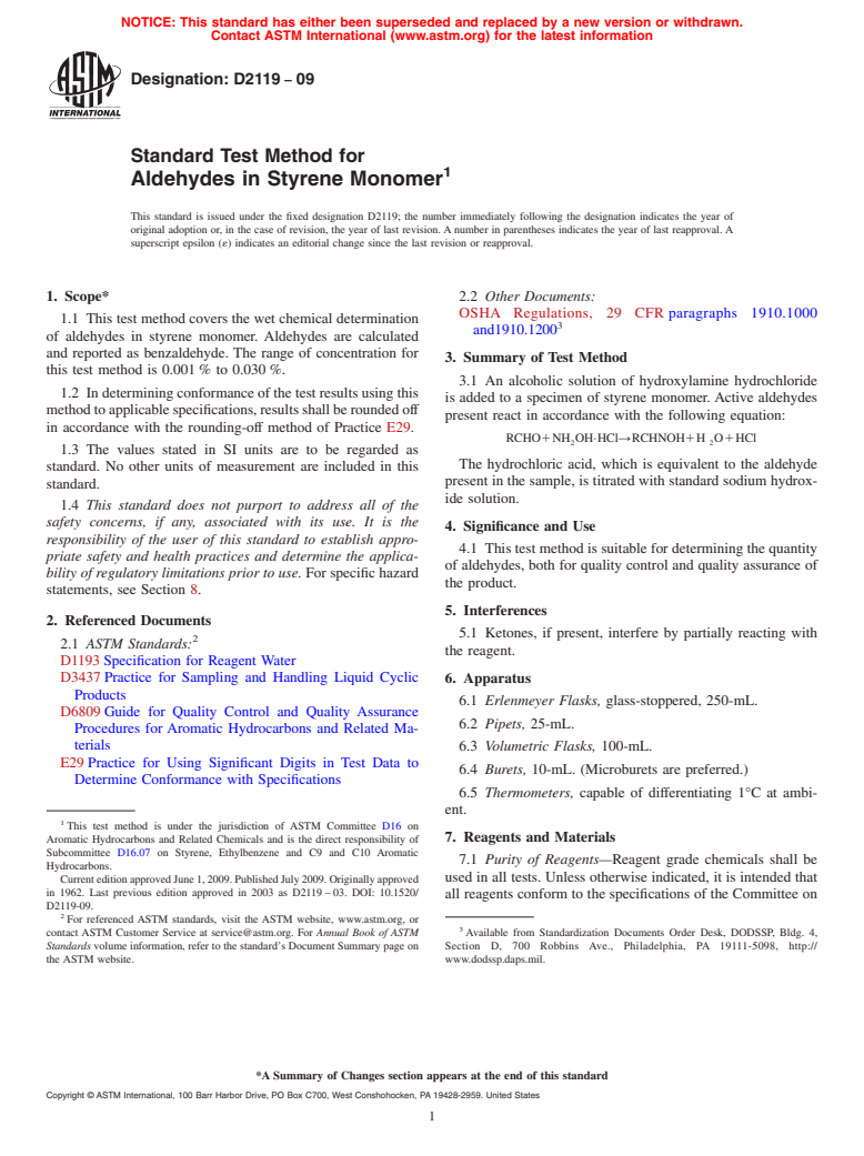 ASTM D2119-09 - Standard Test Method for Aldehydes in Styrene Monomer (Withdrawn 2018)