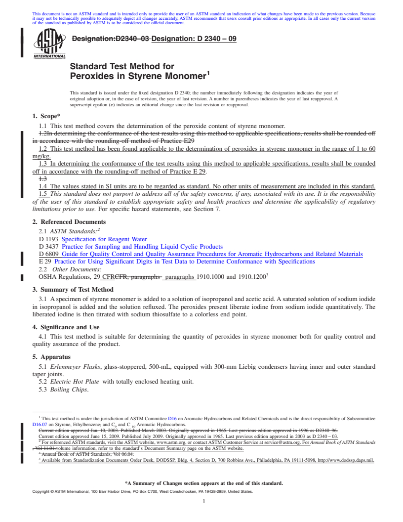 REDLINE ASTM D2340-09 - Standard Test Method for Peroxides in Styrene Monomer