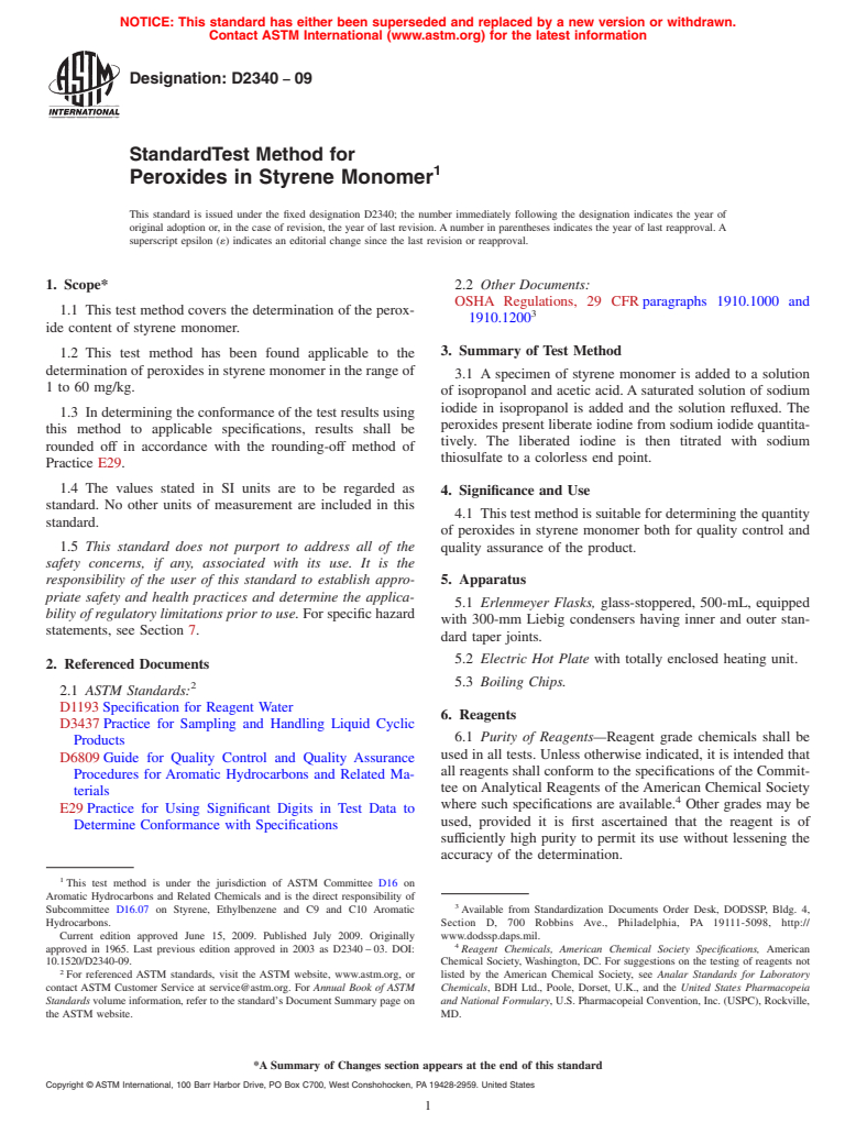 ASTM D2340-09 - Standard Test Method for Peroxides in Styrene Monomer