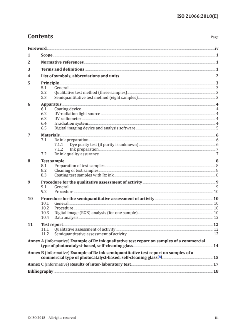 ISO 21066:2018 - Fine ceramics (advanced ceramics, advanced technical ceramics) — Qualitative and semiquantitative assessment of the photocatalytic activities of surfaces by the reduction of resazurin in a deposited ink film
Released:9/19/2018