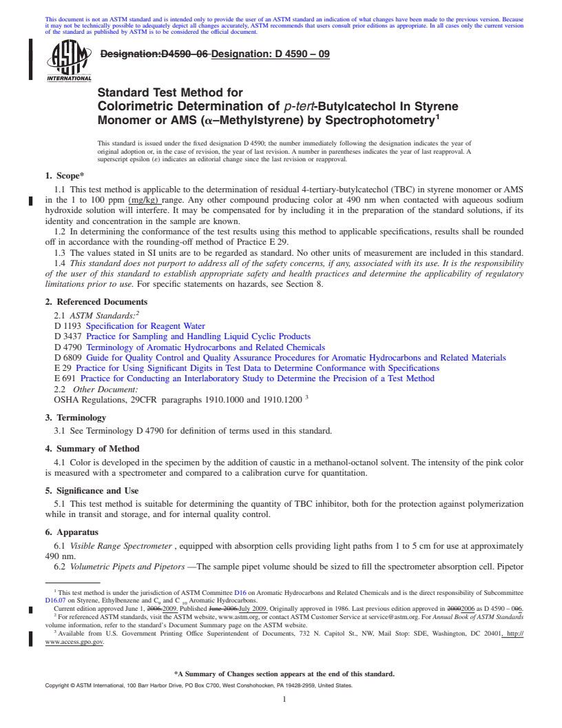 REDLINE ASTM D4590-09 - Standard Test Method for Colorimetric Determination of <i>p-tert</i>-Butylcatechol In Styrene Monomer or AMS (alpha-Methylstyrene) by Spectrophotometry