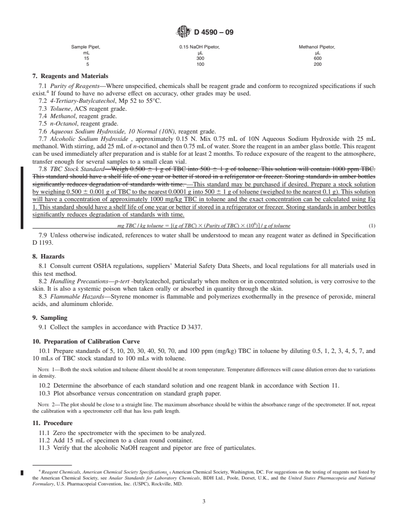 REDLINE ASTM D4590-09 - Standard Test Method for Colorimetric Determination of <i>p-tert</i>-Butylcatechol In Styrene Monomer or AMS (alpha-Methylstyrene) by Spectrophotometry