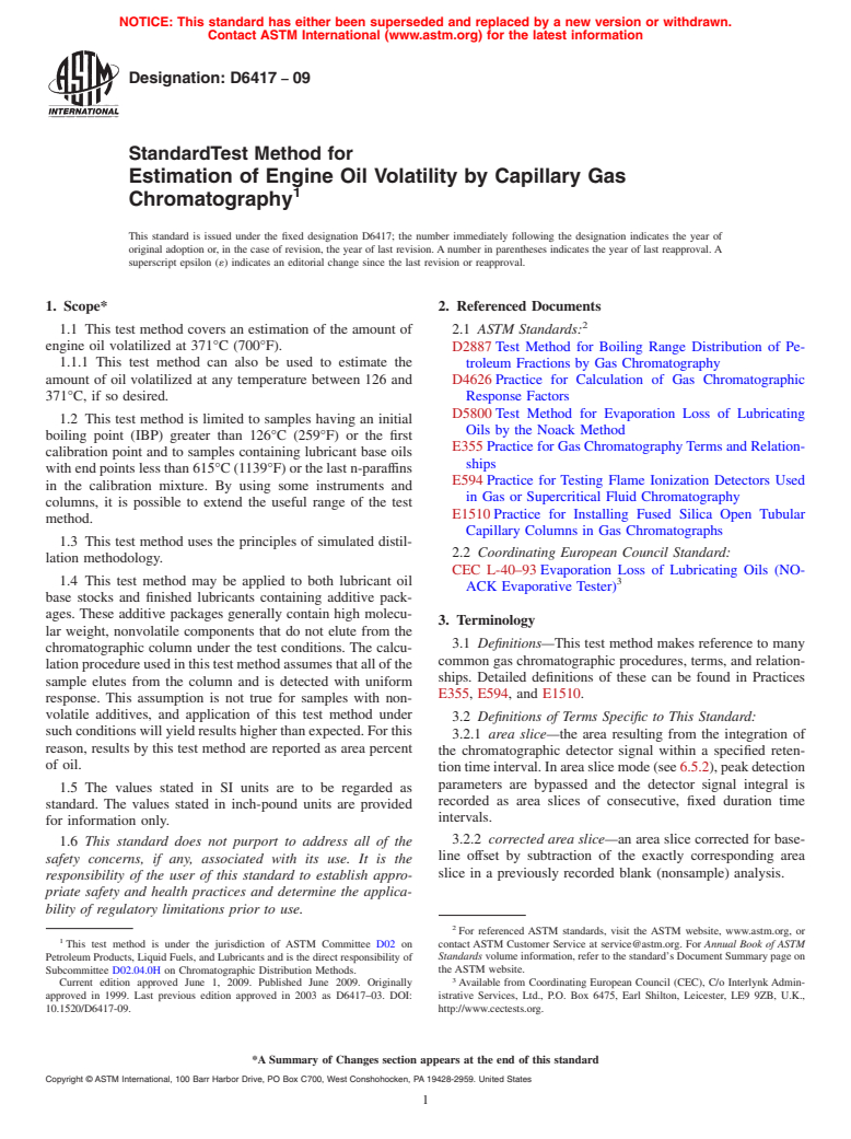 ASTM D6417-09 - Standard Test Method for Estimation of Engine Oil Volatility by Capillary Gas Chromatography