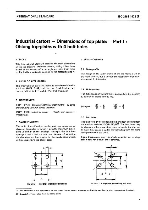 ISO 2184-1:1972 - Industrial castors -- Dimensions of top plates