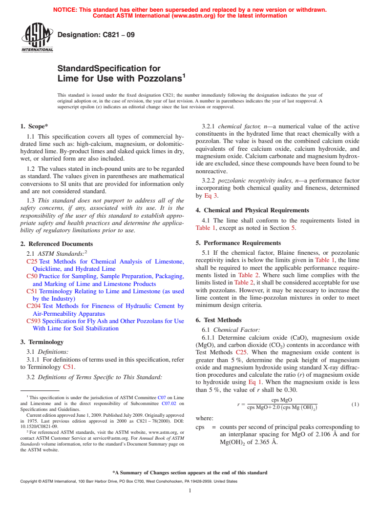 ASTM C821-09 - Standard Specification for Lime for Use with Pozzolans