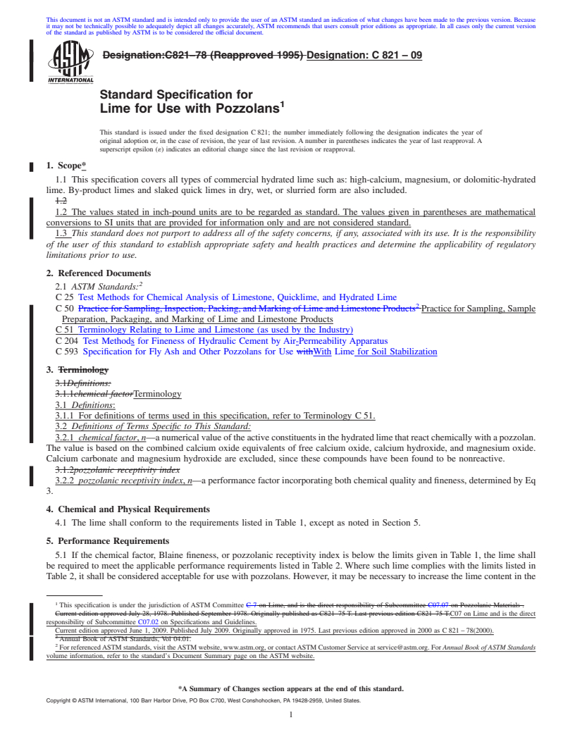 REDLINE ASTM C821-09 - Standard Specification for Lime for Use with Pozzolans