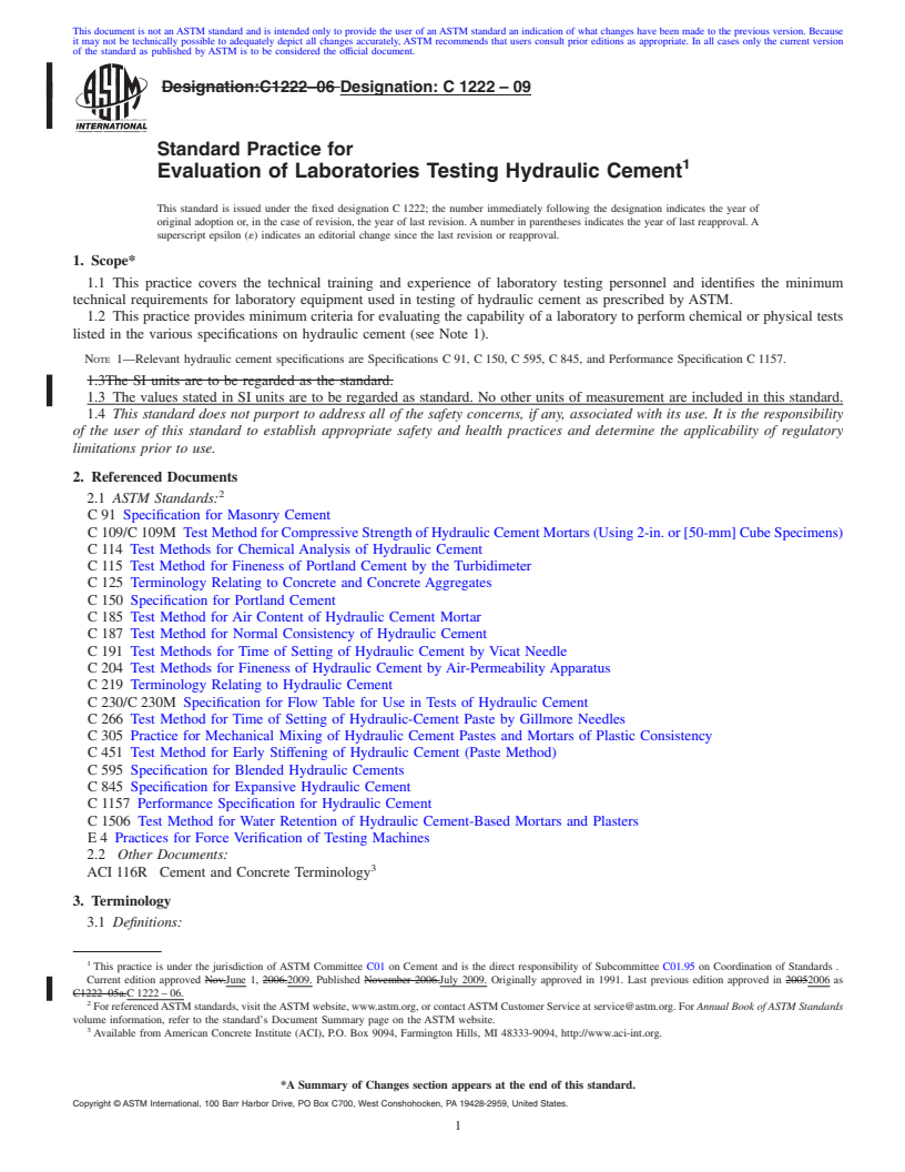 REDLINE ASTM C1222-09 - Standard Practice for Evaluation of Laboratories Testing Hydraulic Cement