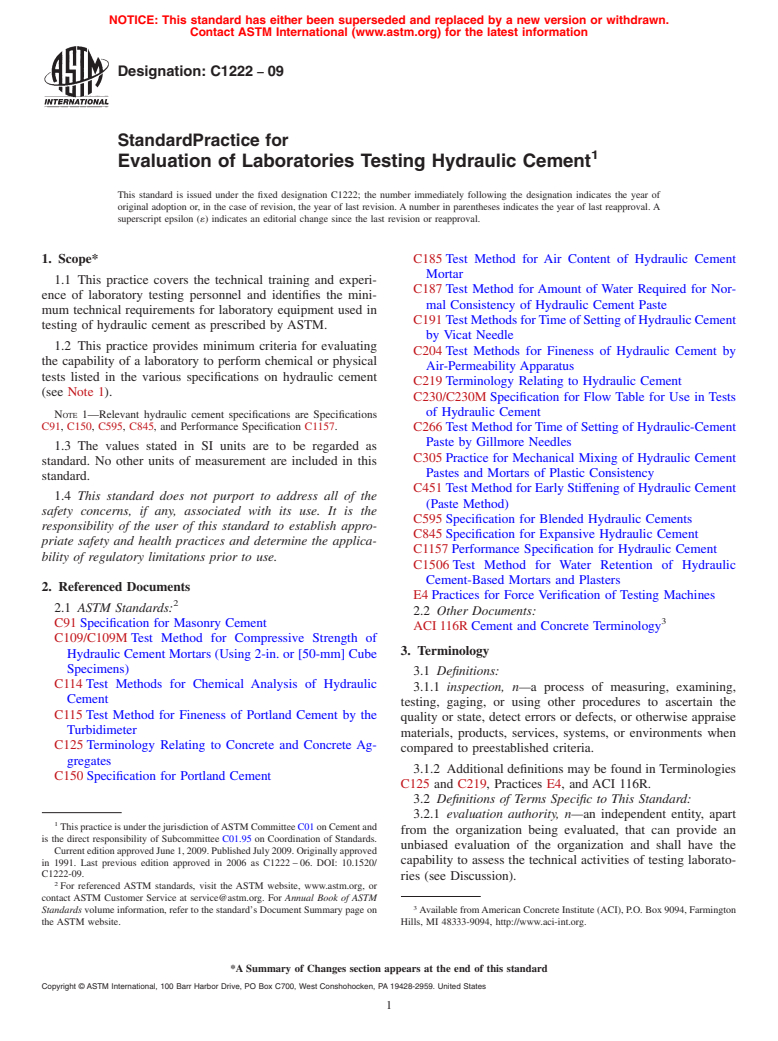 ASTM C1222-09 - Standard Practice for Evaluation of Laboratories Testing Hydraulic Cement