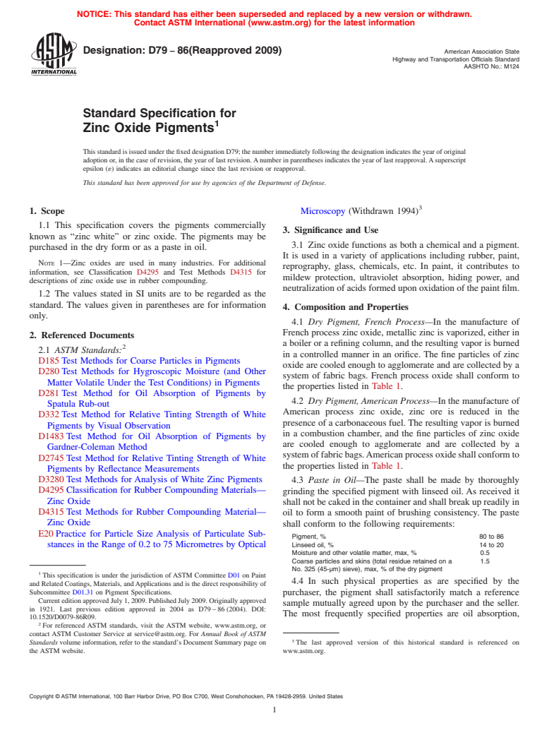 ASTM D79-86(2009) - Standard Specification for Zinc Oxide Pigments