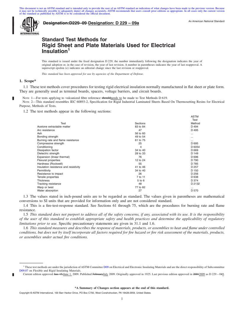 REDLINE ASTM D229-09a - Standard Test Methods for Rigid Sheet and Plate Materials Used for Electrical Insulation