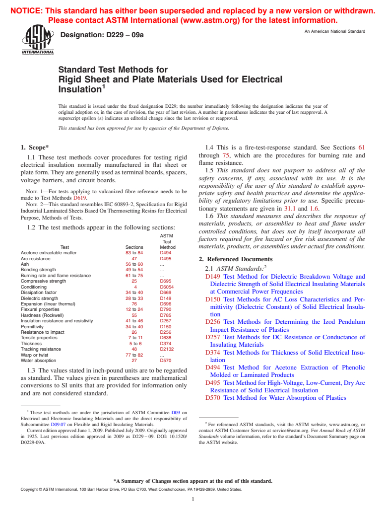 ASTM D229-09a - Standard Test Methods for Rigid Sheet and Plate Materials Used for Electrical Insulation