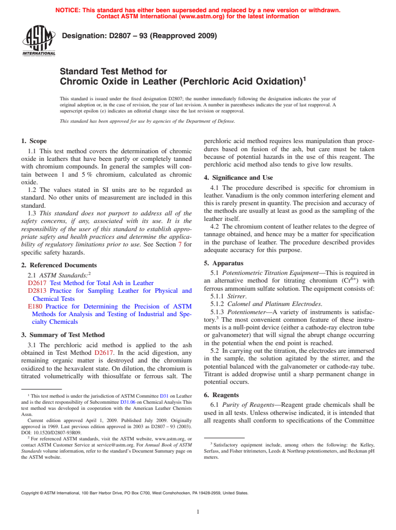 ASTM D2807-93(2009) - Standard Test Method for Chromic Oxide in Leather (Perchloric Acid Oxidation)
