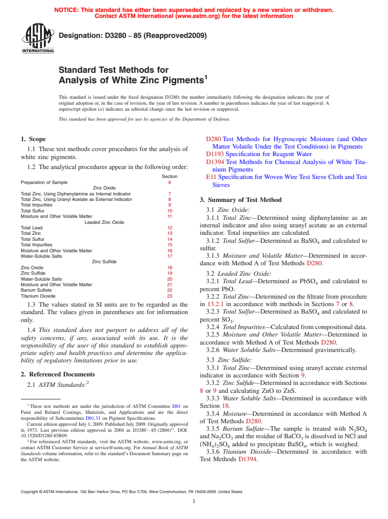 ASTM D3280-85(2009) - Standard Test Methods for Analysis of White Zinc Pigments