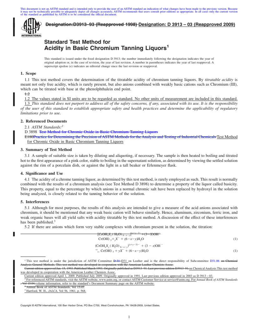 REDLINE ASTM D3913-03(2009) - Standard Test Method for Acidity in Basic Chromium Tanning Liquors