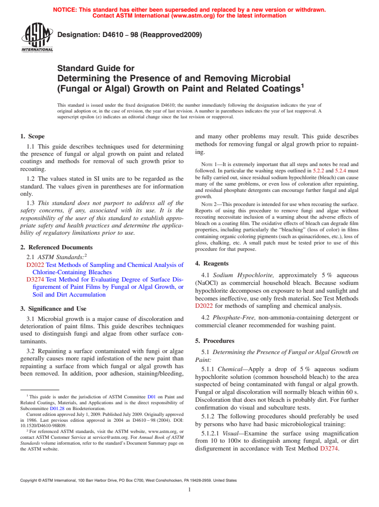 ASTM D4610-98(2009) - Standard Guide for Determining the Presence of and Removing Microbial (Fungal or Algal) Growth on Paint and Related Coatings