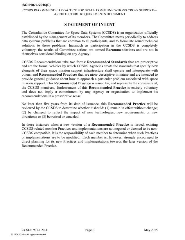 ISO 21076:2016 ISO 21076:2016 - Space data and information transfer systems -- Space communications cross support -- Architecture requirements document - Page 4 preview