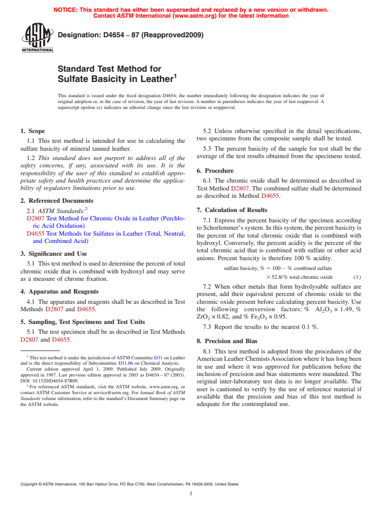 ASTM D4654-87(2009) - Standard Test Method for Sulfate Basicity in Leather