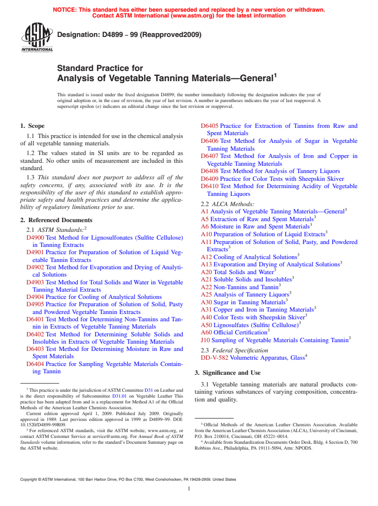 ASTM D4899-99(2009) - Standard Practice for Analysis of Vegetable Tanning Materials-General