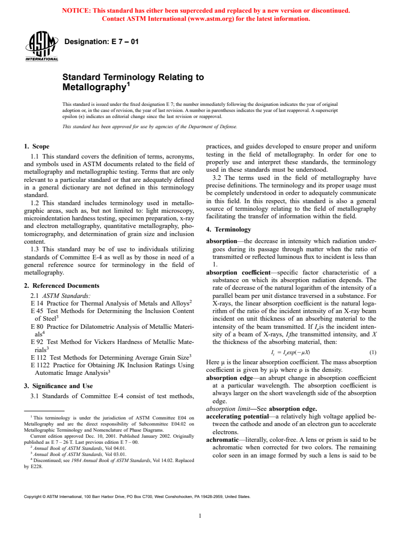 ASTM E7-01 - Standard Terminology Relating to Metallography