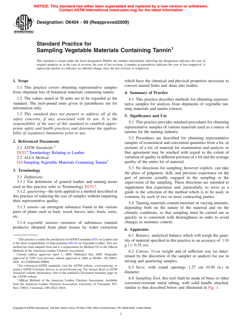 ASTM D6404-99(2009) - Standard Practice for Sampling Vegetable Materials Containing Tannin