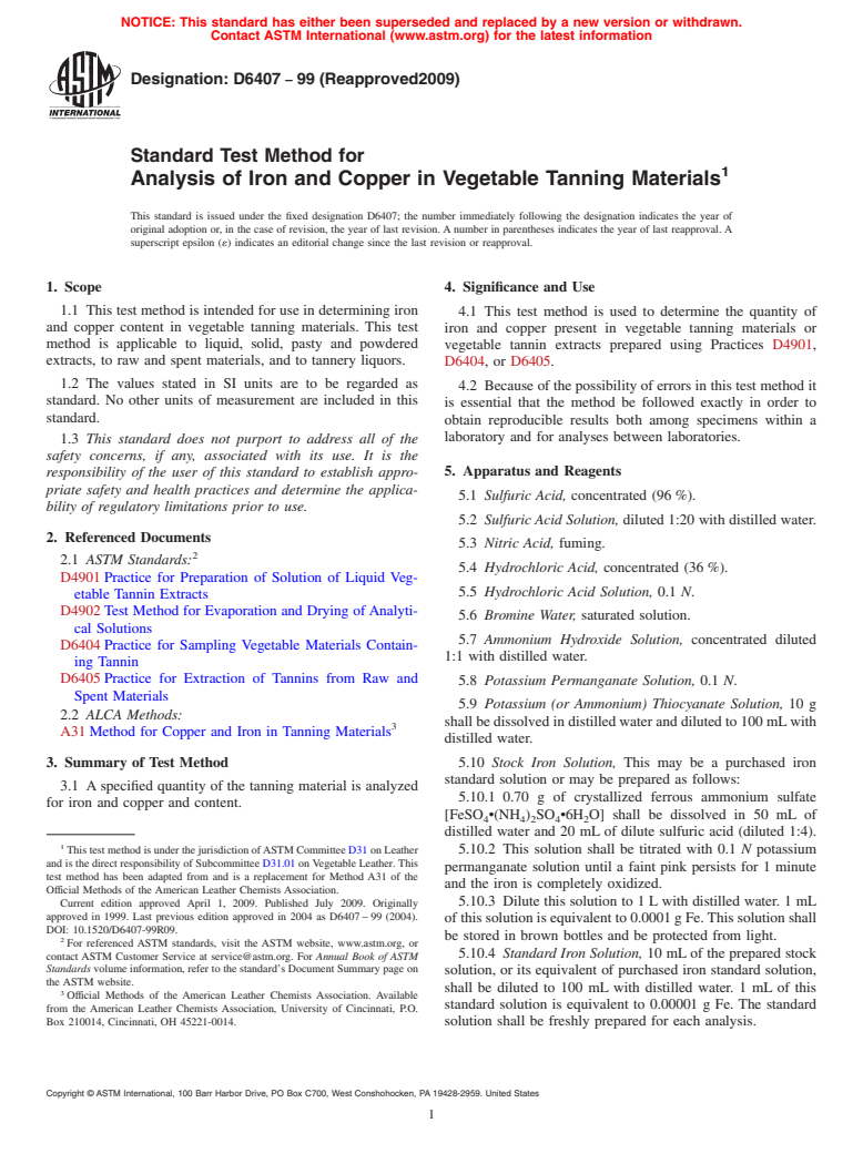 ASTM D6407-99(2009) - Standard Test Method for Analysis of Iron and Copper in Vegetable Tanning Materials