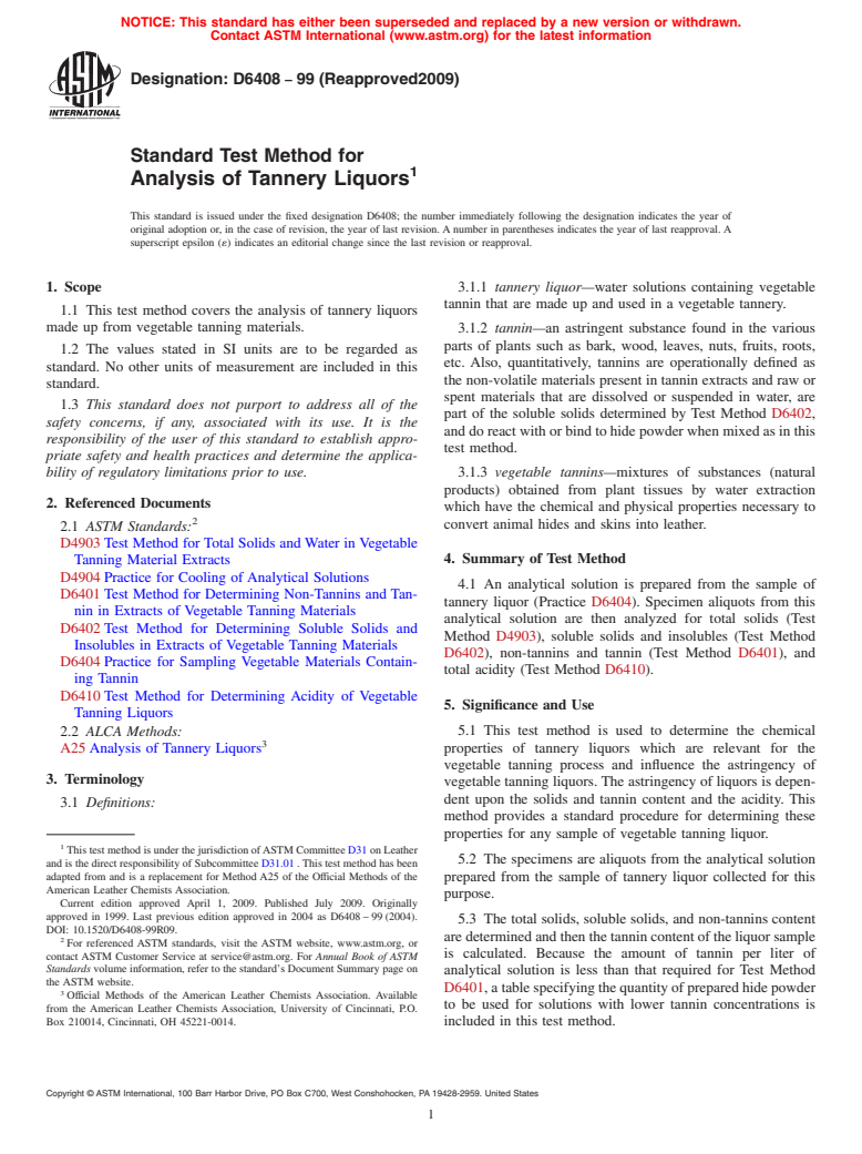 ASTM D6408-99(2009) - Standard Test Method for Analysis of Tannery Liquors