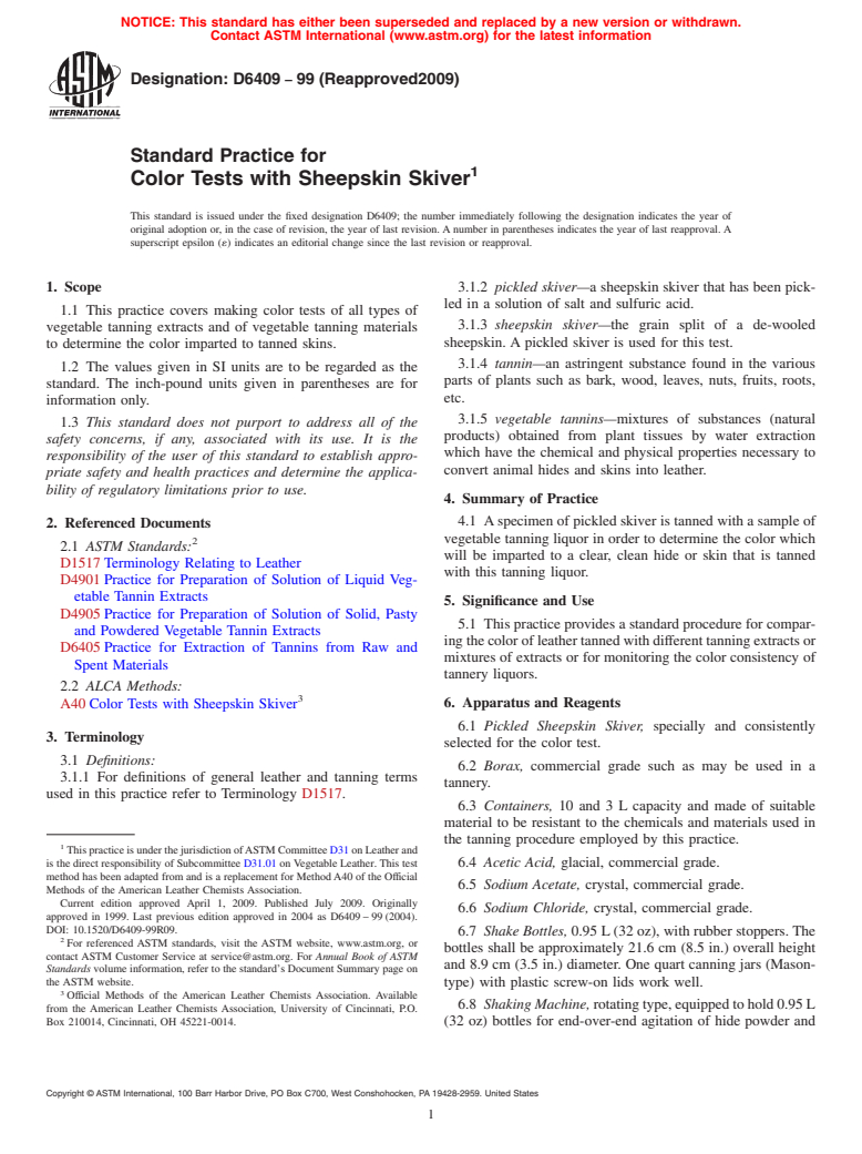 ASTM D6409-99(2009) - Standard Practice for Color Tests with Sheepskin Skiver