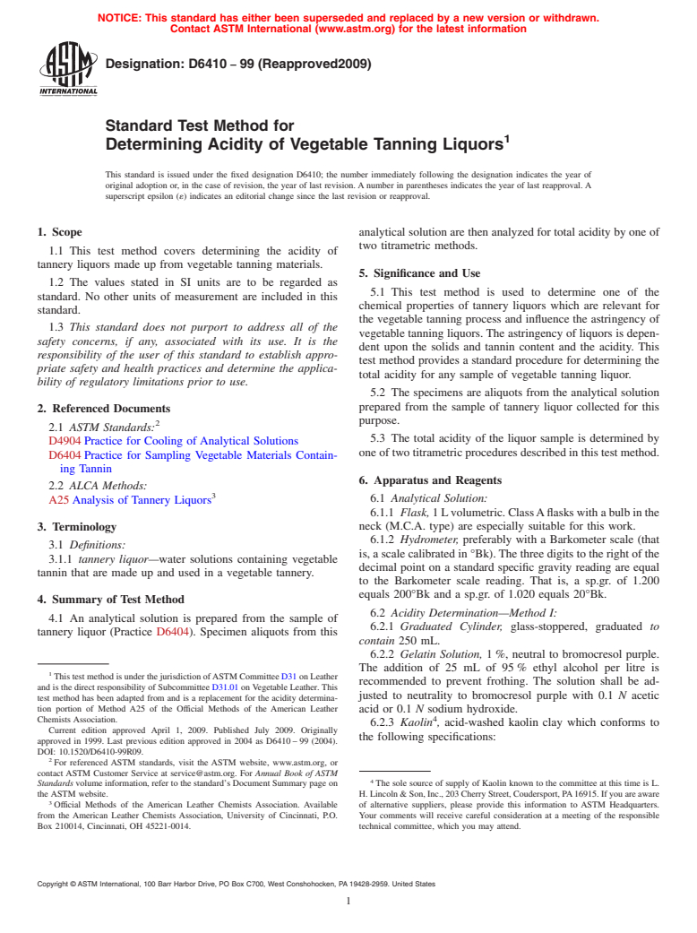 ASTM D6410-99(2009) - Standard Test Method for Determining Acidity of Vegetable Tanning Liquors