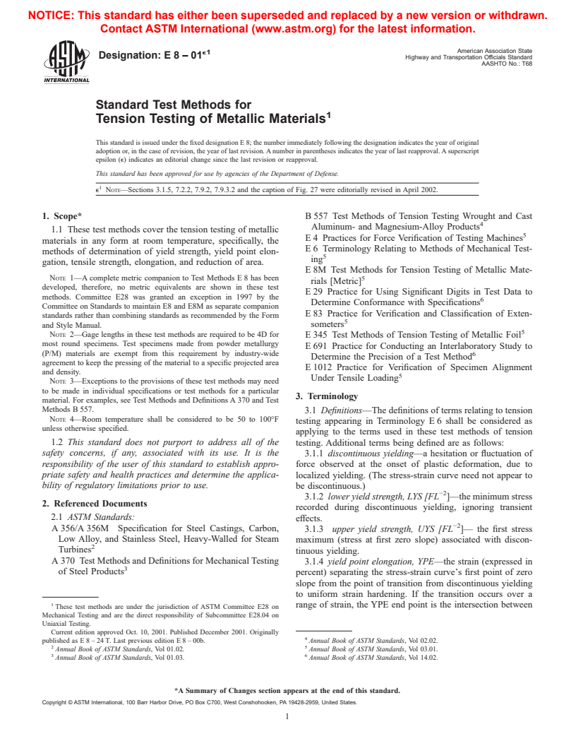 ASTM E8-01e1 - Standard Test Methods for Tension Testing of Metallic Materials