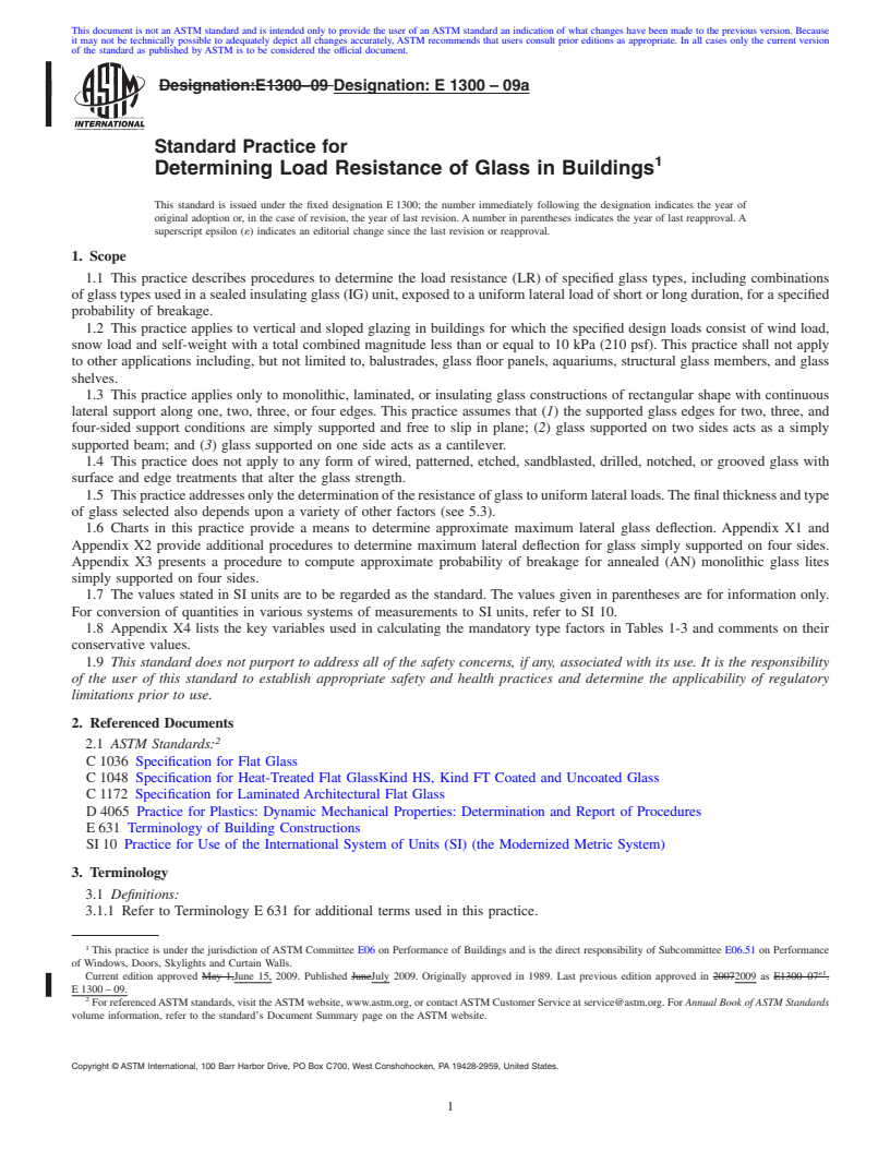 REDLINE ASTM E1300-09a - Standard Practice for Determining Load Resistance of Glass in Buildings