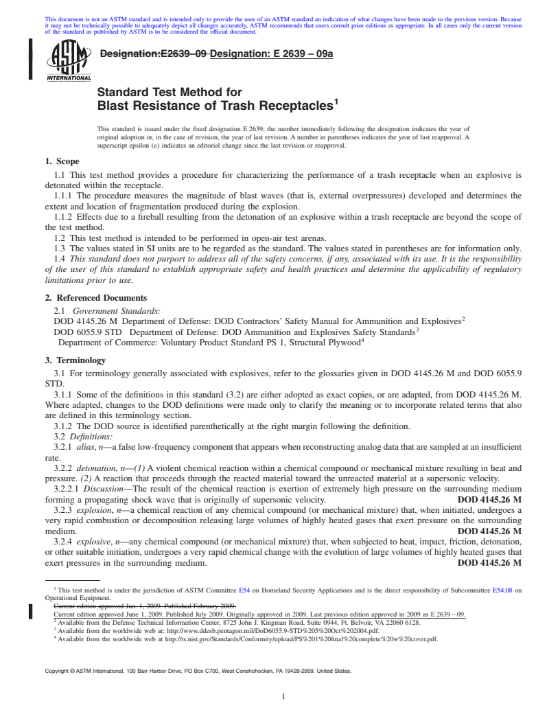 REDLINE ASTM E2639-09a - Standard Test Method for Blast Resistance of Trash Receptacles