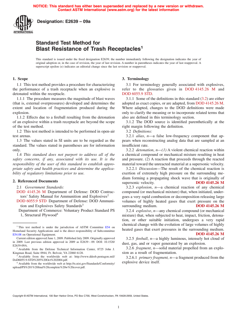 ASTM E2639-09a - Standard Test Method for Blast Resistance of Trash Receptacles