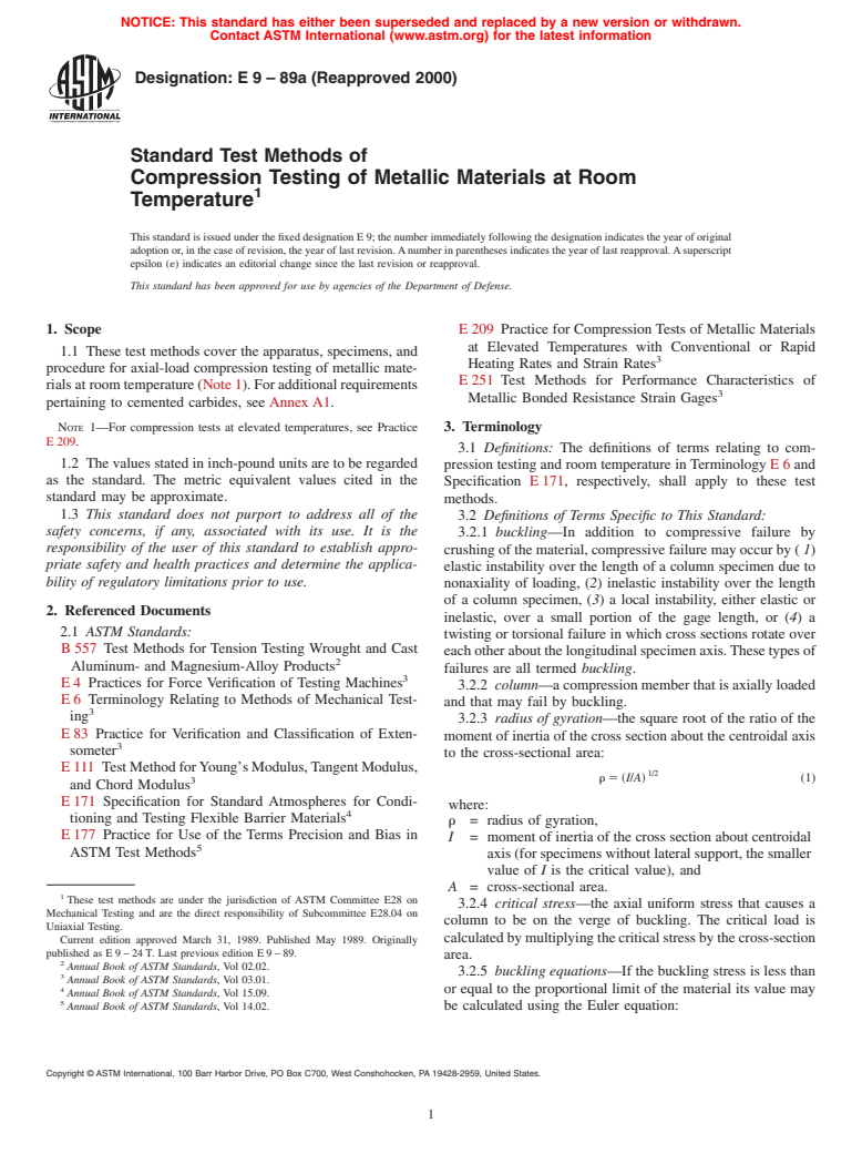 ASTM E9-89a(2000) - Standard Test Methods of Compression Testing of Metallic Materials at Room Temperature (Withdrawn 2009)