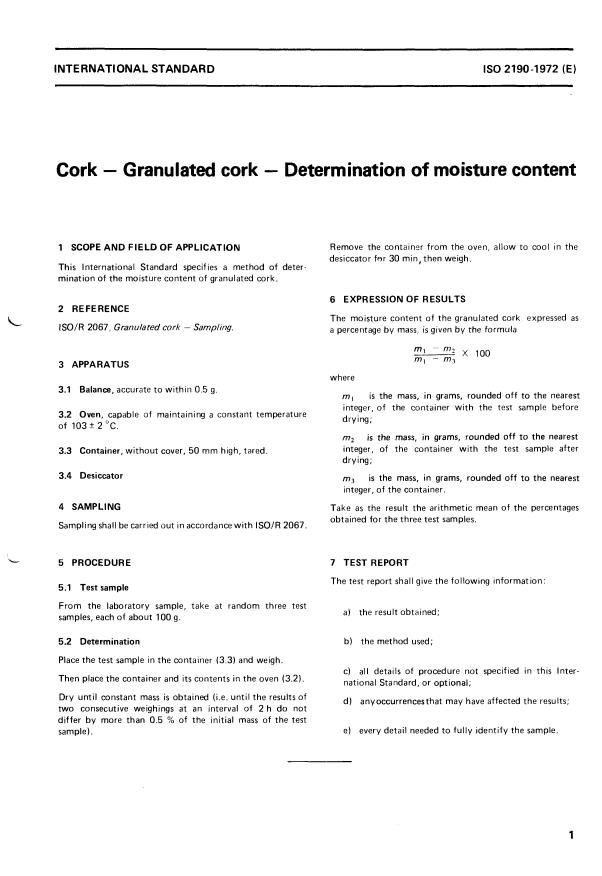 ISO 2190:1972 - Cork -- Granulated cork -- Determination of moisture content