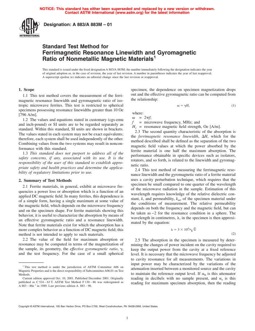 ASTM A883/A883M-01 - Standard Test Method for Ferrimagnetic Resonance Linewidth and Gyromagnetic Ratio of Nonmetallic Magnetic Materials (Withdrawn 2006)