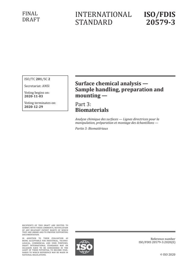 ISO/FDIS 20579-3:Version 28-okt-2020 - Surface chemical analysis -- Sample handling, preparation and mounting