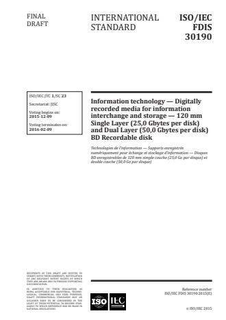 ISO/IEC 30190:2016 - Information technology -- Digitally recorded media for information interchange and storage -- 120 mm Single Layer (25,0 Gbytes per disk) and Dual Layer (50,0 Gbytes per disk) BD Recordable disk